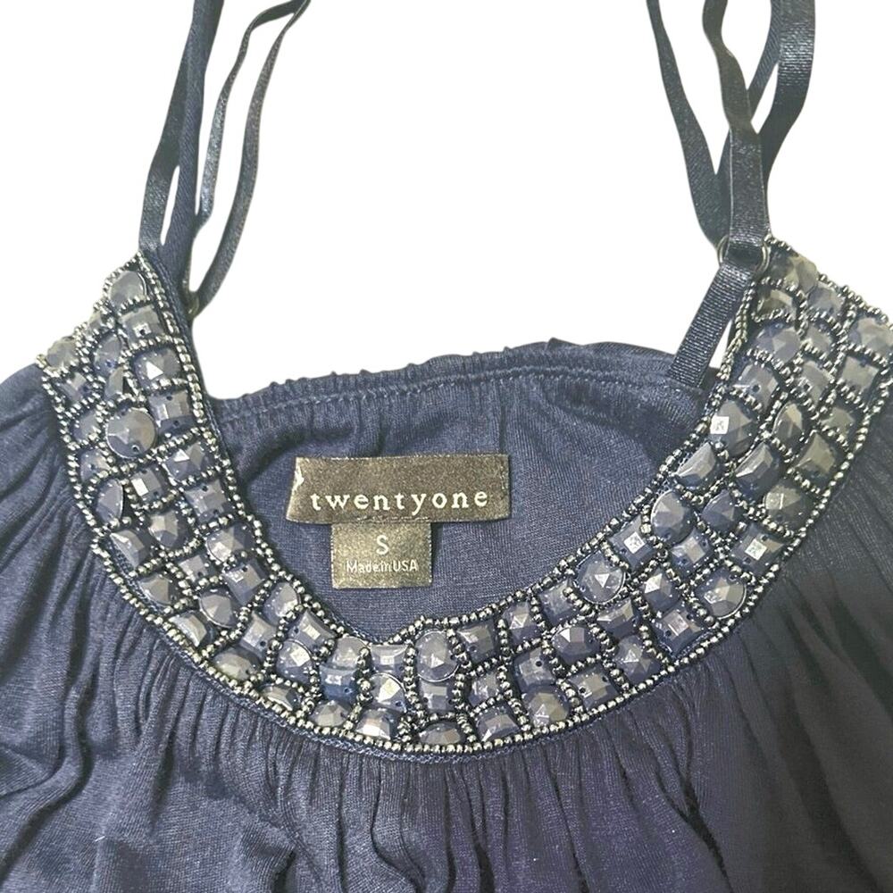 Twenty One brand navy blue halter tank top featuring a silver beaded neckline.